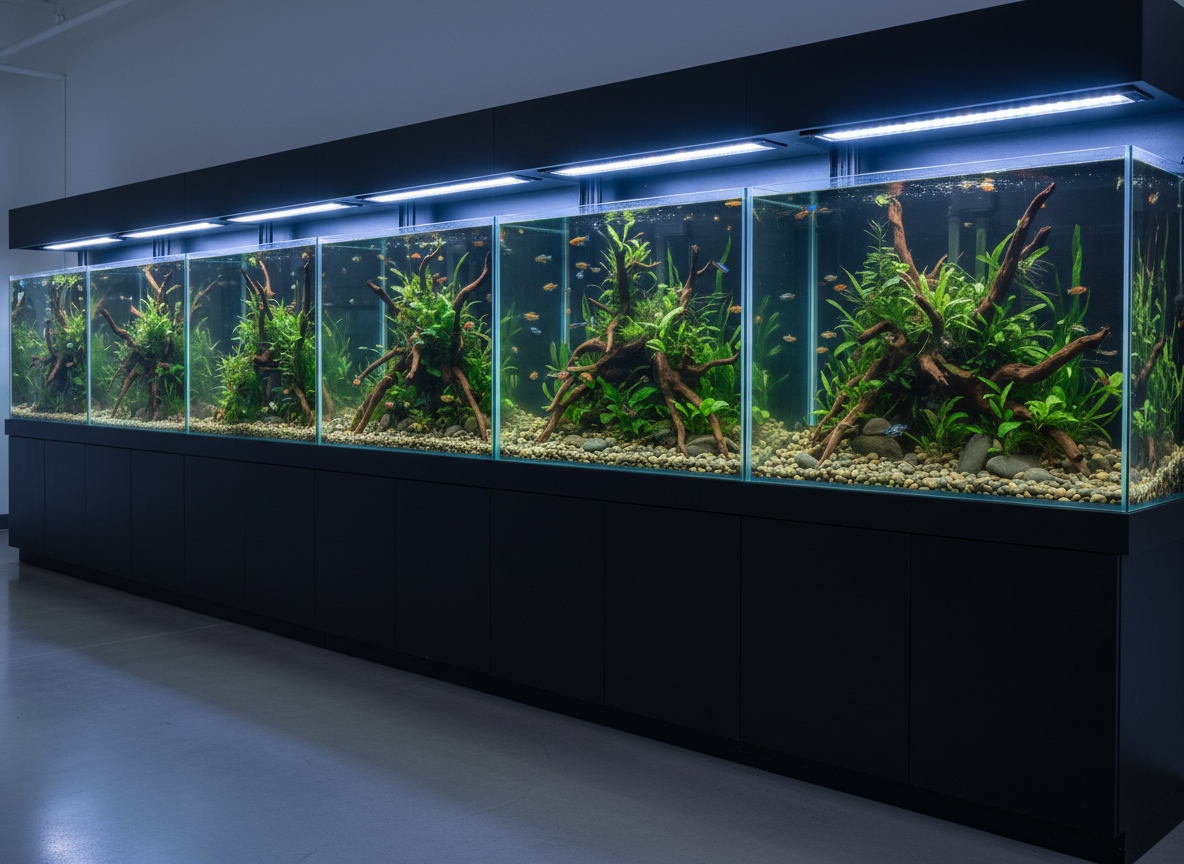 A serene, high-end aquarium section in a pet store, featuring a row of crystal-clear glass tanks built into a dark matte cabinet wall. Each tank is aquascaped with natural driftwood, lush green aquatic plants, and smooth river stones, with small colorful fish swimming calmly. Discreet LED lighting within the tanks casts a cool, bluish glow, creating shimmering reflections on the water surface and highlighting plant textures. The floor is a polished light grey concrete, reflecting some of the soft light. Photographic realism, eye-level panoramic composition with sharp focus throughout. The mood is tranquil, sophisticated, and meticulously maintained, emphasizing premium care for aquarium enthusiasts and the store’s professional standards.