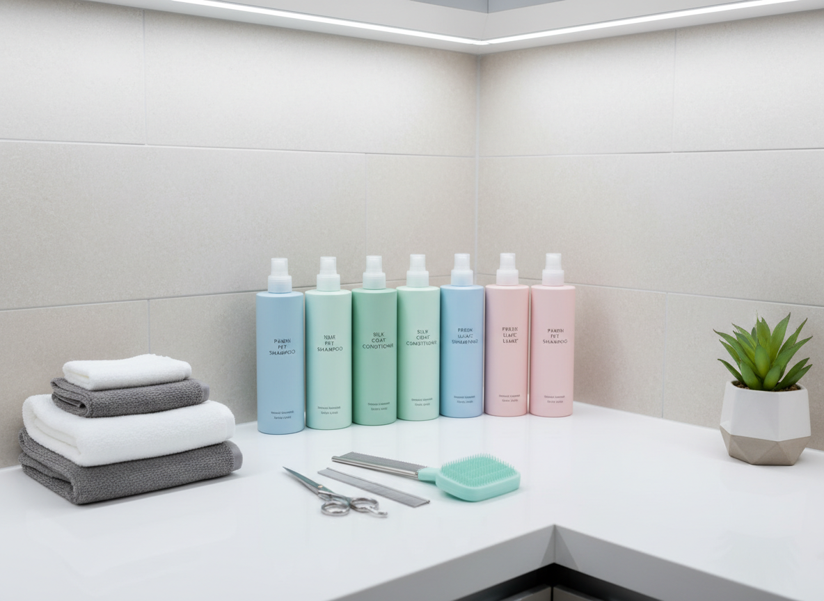An ultra-clean grooming and care corner in a premium pet store, showcasing carefully lined up dog and cat shampoos, conditioners, and grooming sprays in sleek, pastel-colored bottles with modern typography. Below the products, neatly folded microfiber towels in soft grey and white, stainless steel grooming scissors, and a silicone brush rest on a spotless white countertop. The setting includes a tiled backsplash in light stone tones and a small, stylish green plant in a minimalist pot. Cool, even overhead lighting creates a clinical yet welcoming brightness, with crisp reflections on the metal tools. Photographic realism, eye-level framing with moderate depth of field. The mood is hygienic, professional, and reassuring, ideal for highlighting pet care and wellness products.