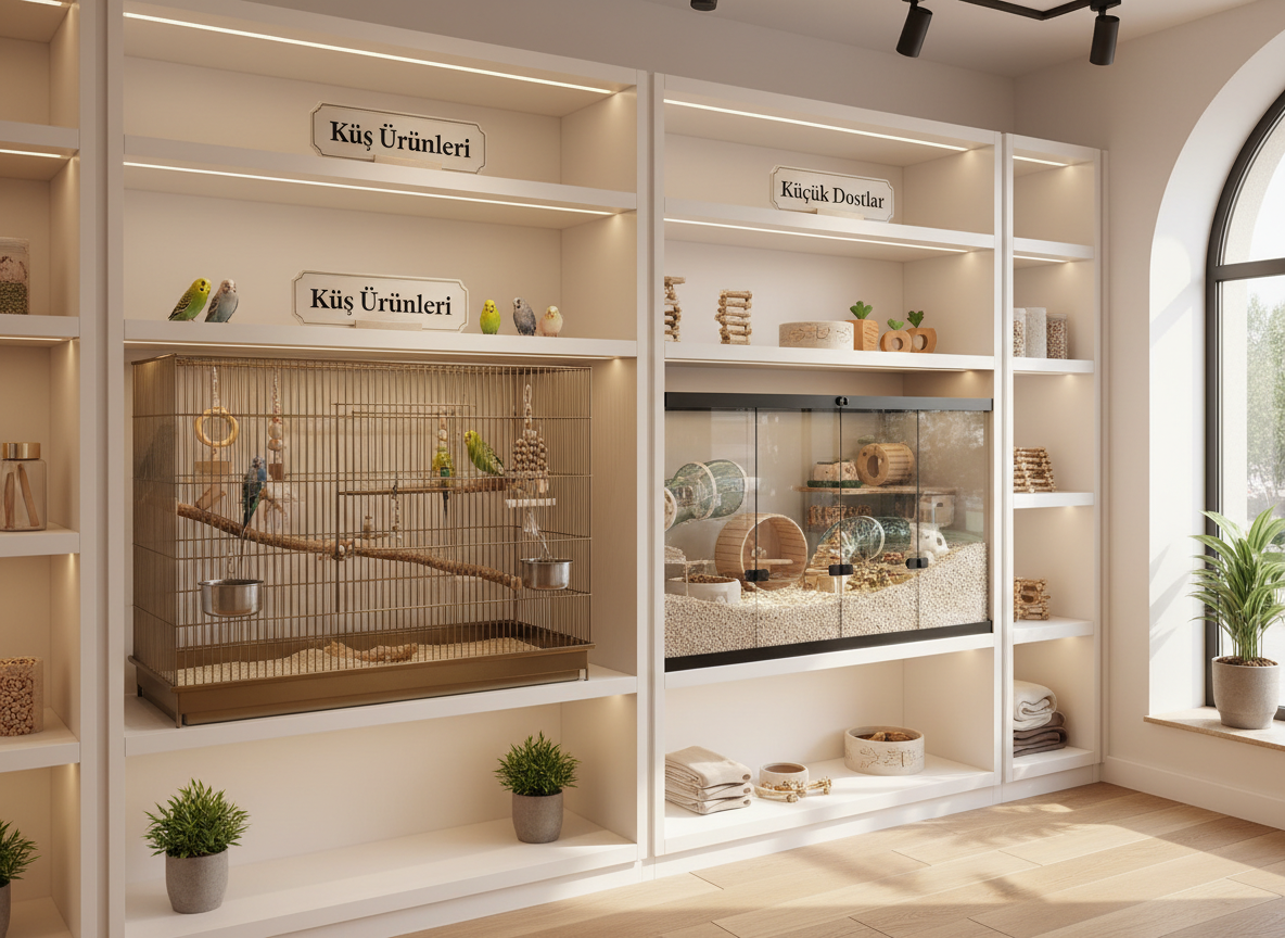 A cozy corner dedicated to small animals and birds in a premium pet shop, featuring neatly arranged cages and habitats on sturdy white shelving. A spacious metal bird cage with natural wood perches, colorful yet tasteful toys, and stainless steel feeders stands beside a glass-fronted small animal habitat filled with soft bedding, tunnel systems, and chew toys. Subtle signage with clean typography indicates categories like “Kuş Ürünleri” and “Küçük Dostlar.” Soft overhead lighting combined with indirect light from a nearby large window creates a warm, welcoming atmosphere with gentle shadows under the shelves. Photographic realism, mid-range shot at eye level with moderate depth of field. The overall mood is caring, organized, and family-friendly, showcasing variety while maintaining a premium, professional look.