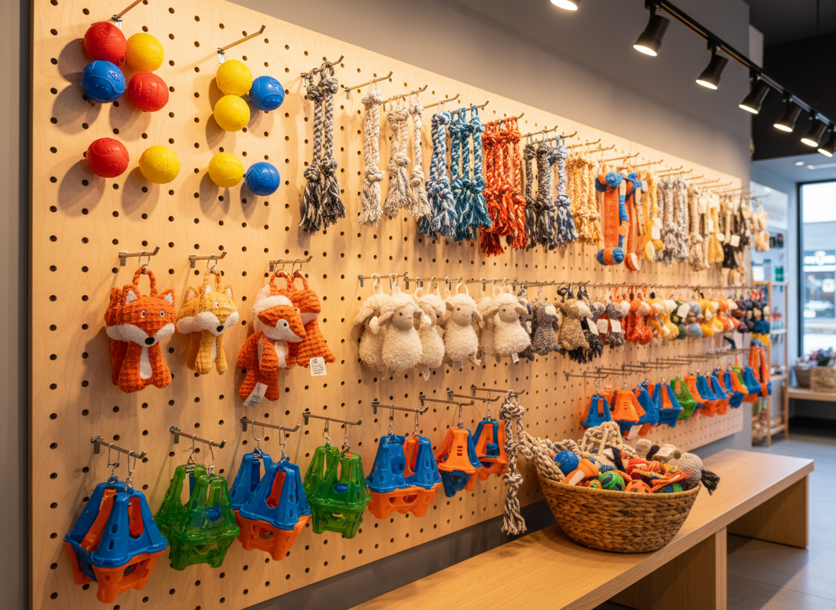 A vibrant, playful display of premium dog toys arranged in organized sections on a pegboard wall inside a modern pet shop. Durable rubber balls in bright primary colors, braided rope toys with contrasting fibers, plush animal-shaped toys with detailed stitching, and interactive puzzle feeders in sleek plastics create a rich variety of textures. Below, a light-wood bench holds a woven basket overflowing with more toys. Warm, focused track lighting from above enhances the colors and casts soft, inviting shadows. Photographic realism, shot from a slightly low, wide-angle perspective to make the toy wall feel impressive and abundant. The atmosphere is energetic yet orderly, conveying fun, engagement, and high quality for playful pets.