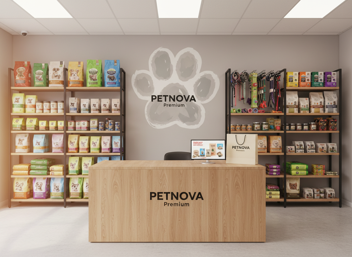 An inviting front counter of a modern premium pet shop, featuring a light oak reception desk with a subtle grain pattern, a small digital display showing pet product promotions, and a discreet branded shopping bag with the store name “PETNOVA Premium” in sleek lettering. Behind the counter, neatly arranged shelves with best-selling pet foods, treats, and accessories create a colorful yet structured backdrop. Neutral-toned walls and a large, abstract paw-print graphic in soft grey add character without clutter. Bright, even ceiling lighting provides a clean, shadow-free environment, with a hint of natural daylight from an unseen window softening the scene. Photographic realism, straight-on composition with wide framing. The mood is professional, welcoming, and trustworthy, perfect for conveying reliable customer service and secure shopping.
