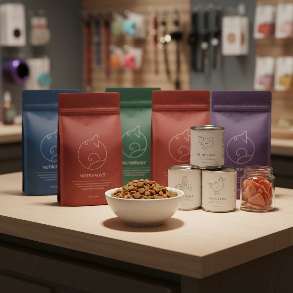 A close-up of an elegantly arranged selection of premium dry and wet cat food on a smooth light-wood counter in a modern pet shop. Matte-finish bags in muted jewel tones, glossy cans with minimalist labels, and a pristine white ceramic bowl filled with perfectly shaped kibble create a rich, tactile composition. The background shows softly blurred shelves of additional pet products, hinting at variety without distraction. Soft studio-style lighting from the left casts subtle highlights on metallic can rims and gentle shadows behind the bowl. Photographic realism, shallow depth of field, shot at a slightly elevated angle. The atmosphere feels professional, clean, and gourmet, emphasizing quality nutrition for cats.